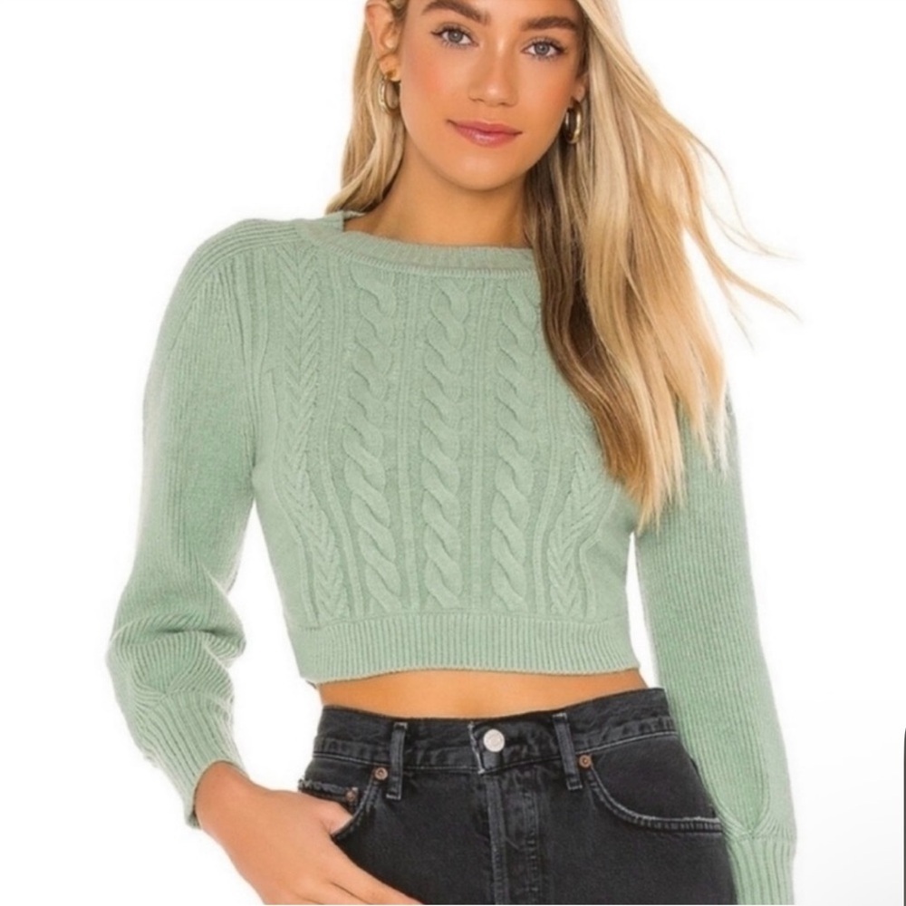 NWT For Love & Lemons Sydney Cropped Cable Knit Sweater in Sage - Size Large
